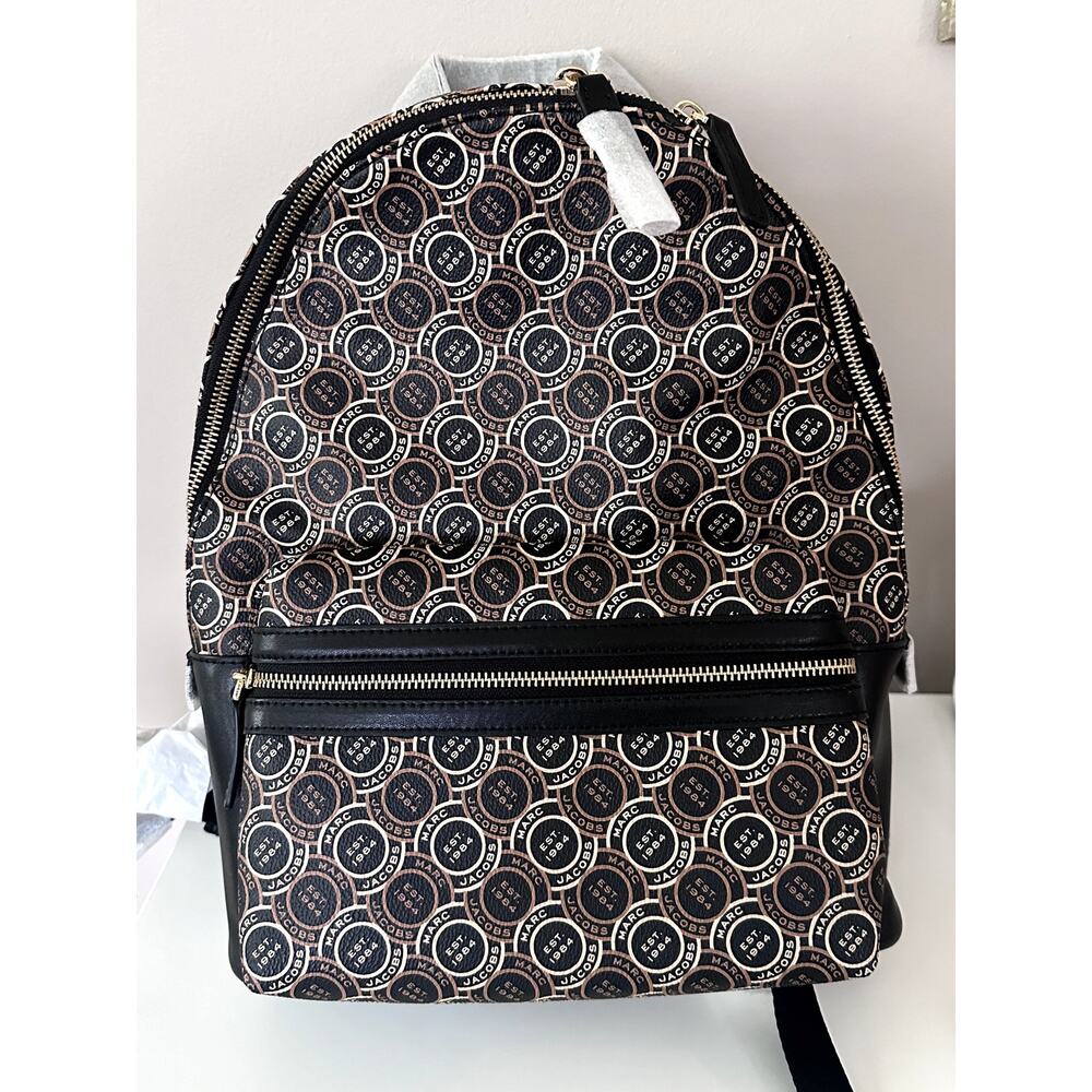 New Marc Jacobs Signet Medium Logo Printed Leather Backpack Black Multi